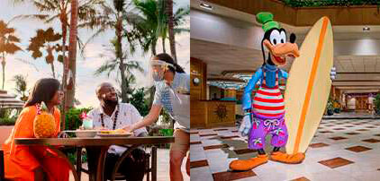 Una familia cenando y Goffy con una tabla de Surf